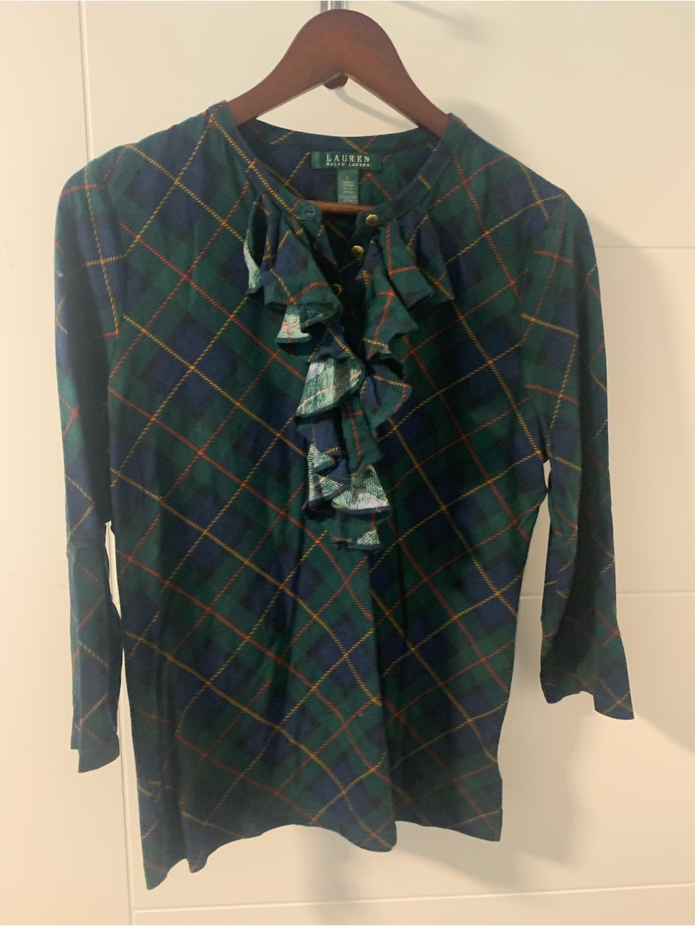 Ralph Lauren Green and Navy Plaid Ruffle-Front Blouse A13